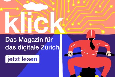 Illustration mit Text: "klick. Das Magazin für das digitale Zürich. jetzt lesen".