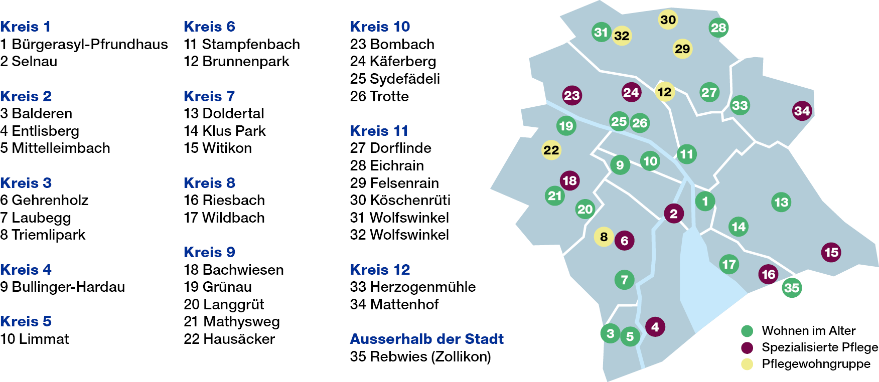 Standortkarte Gesundheitszentren für das Alter der Stadt Zürich
