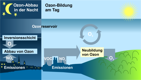 Schematische Darstellung, wie sich Ozon in der Nacht und am Tag bildet.