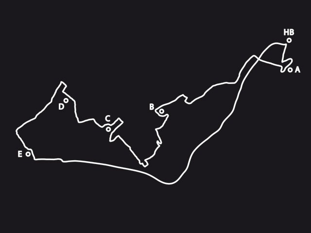 Eine weisse Linie auf schwarzem Hintergrund zeigt in abstrakter Form den Spazierverlauf
