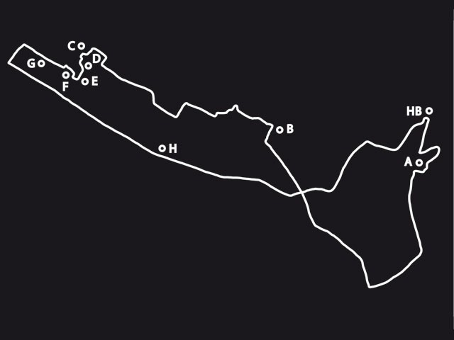 Eine weisse Linie auf schwarzem Hintergrund zeigt in abstrakter Form den Spazierverlauf