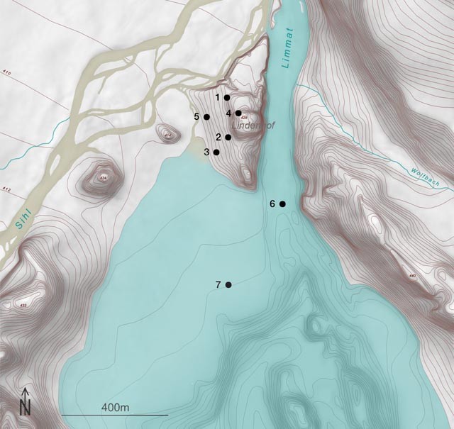 Farbige Topographie Zürichs in keltischer Zeit mit Lage der keltischen Siedlungsbefunde