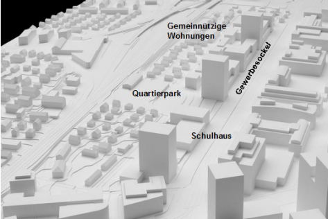 Modellfoto mit Nutzungsverteilung (Testplanung Thurgauerstrasse West, Meili & Peter Architekten AG, Zürich)