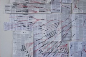 Gianluca Trifilò, «Kartographie», 2020, Tusche auf Beipackzettel-Papier, einzeln, ca. 250 x 250 cm. 