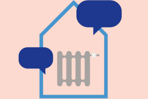 Icon: Heizkörper im Haus und Sprechblasen