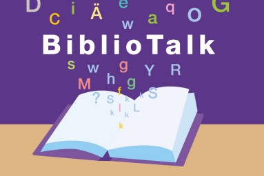 Illustration BiblioTalk: Violetter Hintergrund. Im Vordergrund ein Buch aus dem Buchstaben aufsteigen und den Titel «BiblioTalk» bilden. 