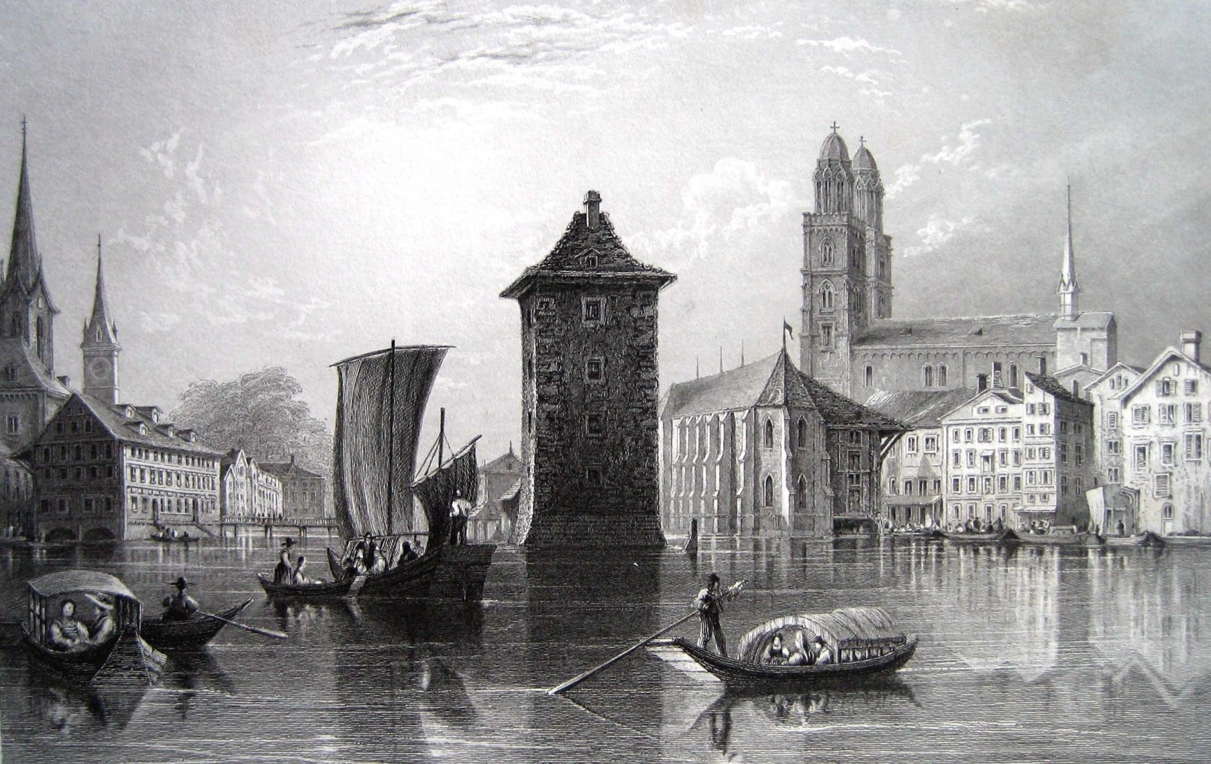 Im Wellenturm in der Limmat neben der Wasserkirche wurden die Angeklagten verhört und gefoltert. Der Turm wurde 1837 abgebrochen. Stich von H. W. Bartlett.