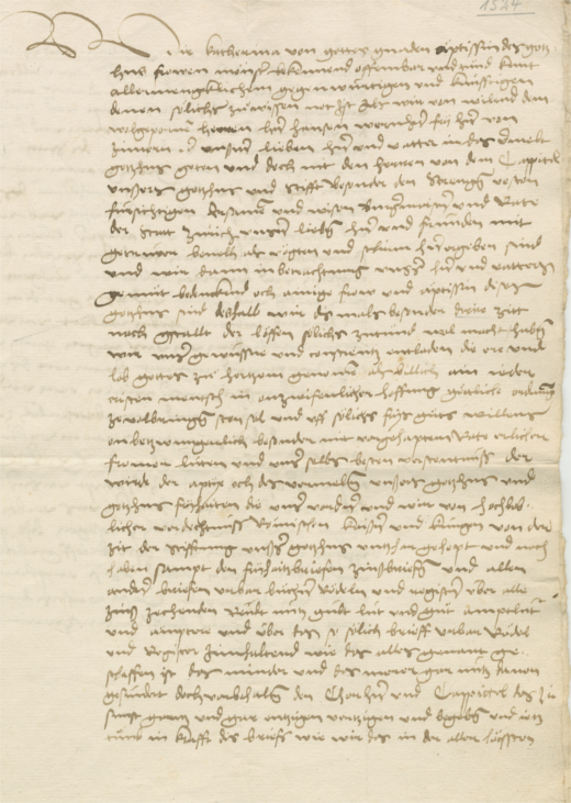 Abbildung: Entwurf zur Übergabeurkunde der Fraumünsterabtei an die Stadt, 1524, Seite 1 (Stadtarchiv Zürich, III.B.961.:9.)
