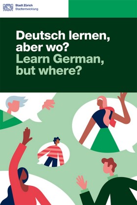 Grafik im Comics-Stil: Szene mit Menschen in Bubbles. Sie winken sich zu. Auf einem Schriftzug steht: Deutsch lernen, aber wo? Learn German, but where? Es handelt sich um die Abbildung eines Prospektes, der Werbung macht für die Deutschkursberatung der Integrationsförderung.