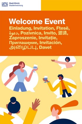 Comics-style graphics: people in bubbles waving and toasting each other. One sign reads: Welcome Event