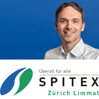 Bild von Lukas Alig, Team-Coach der Spitex Zürich Limmat AG sowie Logo Spitex Zürich Limmat AG (Klick auf Bild öffnet die Spitex-Webseite)
