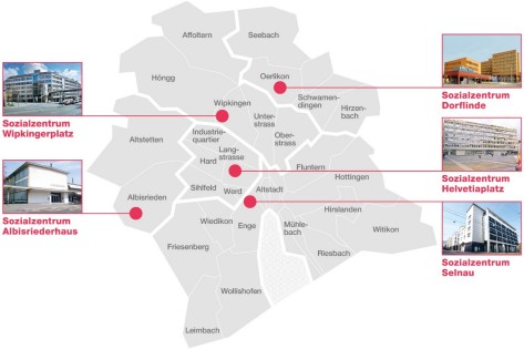 Karte der Stadt Zürich mit fünf Sozialregionen