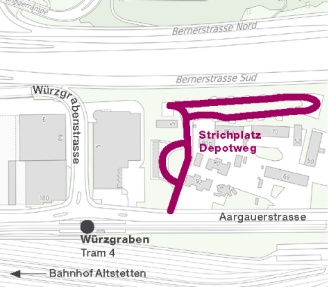 Kartenauschnitt von Zürich mit eingezeichnetem Strichplatz Depotweg. Herausgehoben mit Punkt die Station Würzgraben mit Angabe des dort verkehrenden Tram 4. 