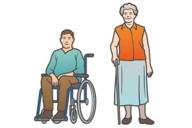 Symbolbild: ein Mann sitzt im Rollstuhl, neben ihm steht eine ältere Frau mit einem Gehstock.