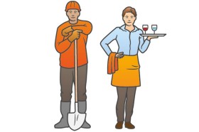 Das Symbolbild stellt zwei Berufe dar, die zum Begriff Working Poor gehören. Auf dem Bild sieht man einen Strassenabauarbeiter und eine Frau, die als Kellnerin tätig ist. 