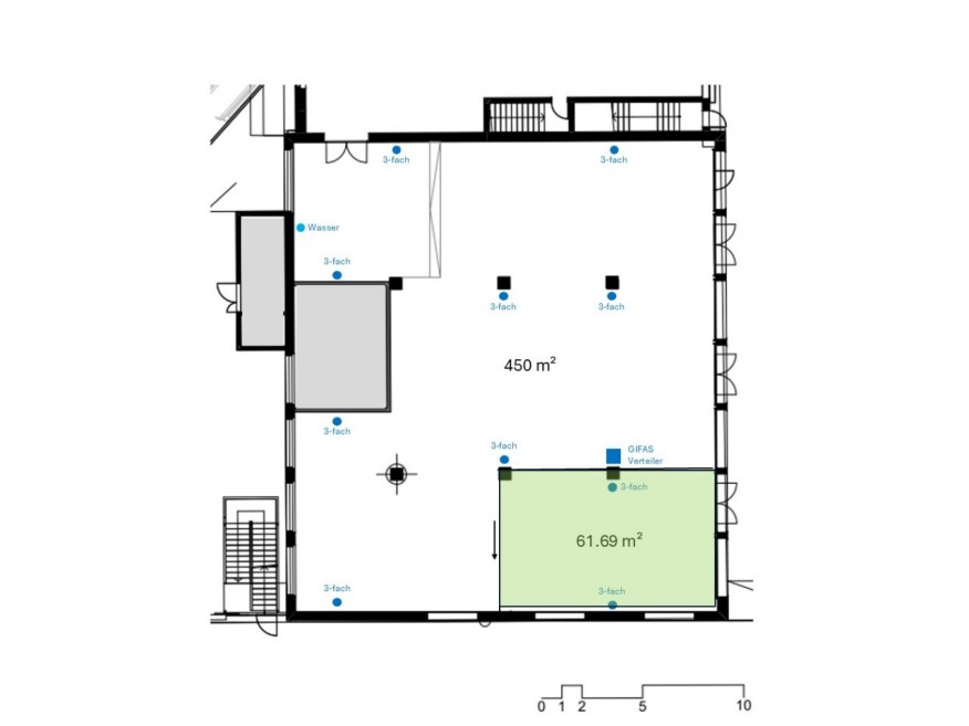 Grün markiert die Mietfläche im Dienstgebäude (61.69m2) Grün markiert die Mietfläche im Dienstgebäude (61.69m2)