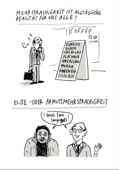 In einem Cartoon steht ein Mann vor einem Café vor einer Tafel und runzelt die Stirn. Darauf  sind in allen möglichen Sprachen Kaffeespezialitäten aufgeführt., nur nicht aud deutsch.
