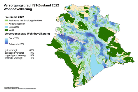 Karte Ist-Zustand 2018 Freiraumversorgungsgrad der Wohnbevölkerung in der Stadt Zürich