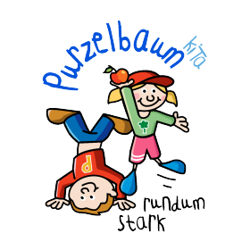 Logo Purzelbaum rundum stark mit zwei Kindern, die sichtbar Freude an Bewegung haben