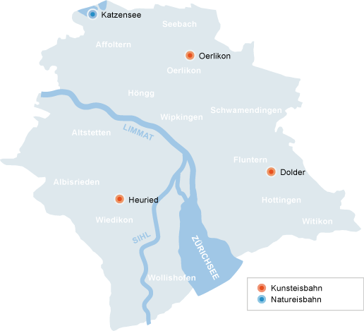 Karte mit allen Eisbahnen der Stadt Zürich