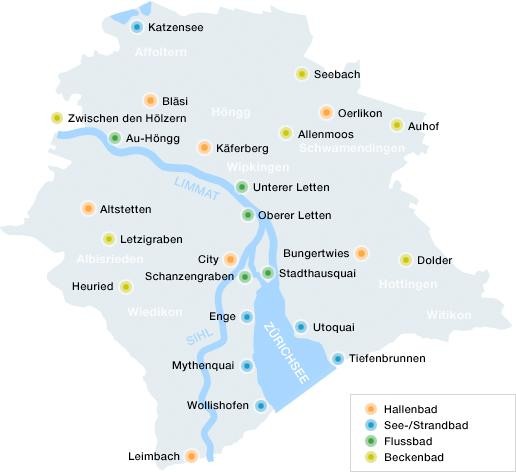 Karten mit allen Bädern der Stadt Zürich