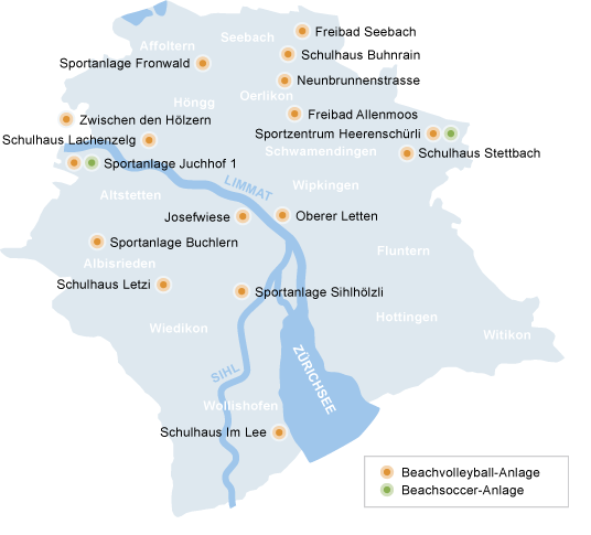 Karte mit den Beachvolleyballfeldern der Stadt Zürich