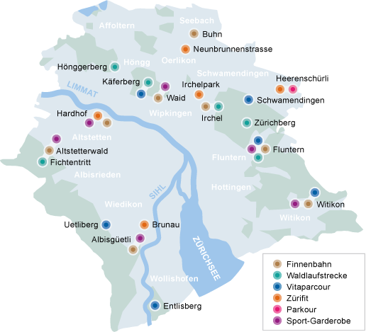 Karte mit den Laufstrecken in der Stadt Zürich