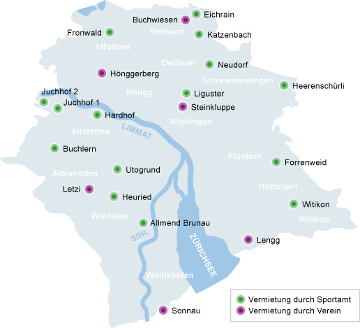 Karte mit den Rasensportanlagen der Stadt Zürich