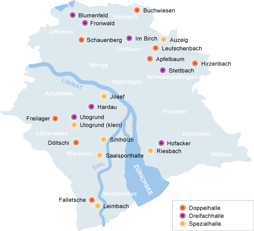 Karte mit den Sporthallen der Stadt Zürich