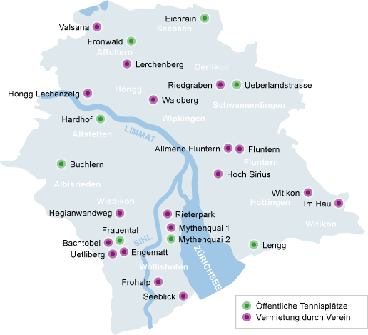 Karte der Tennisplätze in der Stadt Zürich