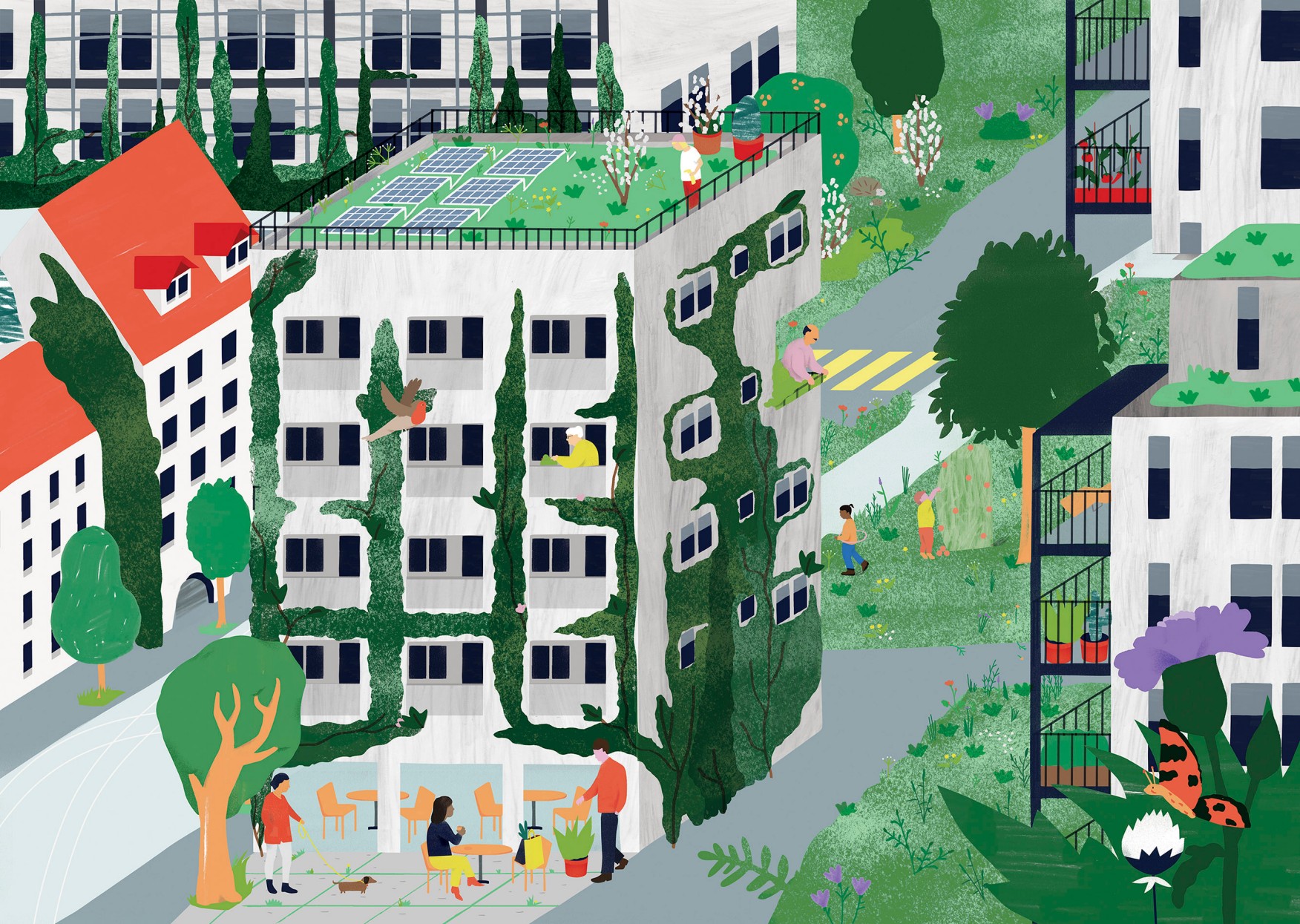 Illustration mit Vertikalgrün an einem Wohnblock, Dachbegrünungen und ökologisch wertvollen Wiesenflächen.