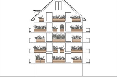 Skizze eines fünfstöckigen Gebäudes mit horizontaler Bepflanzung. 