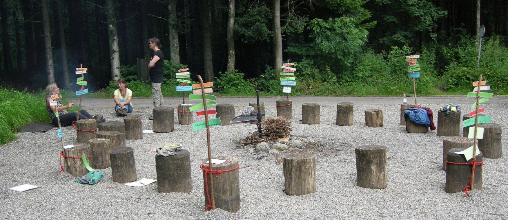  Auf einer Waldlichtung sind verschiedene Holzstämme kreisförmig als Infoposten aufgebaut.