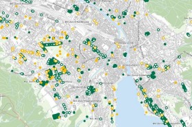 Ein Ausschnitt des Zürcher Stadtplans mit grünen Punkten für Bäume, die stehen bleiben und gelbe Punkte für Bäume, die ersetzt werden dieses Jahr.