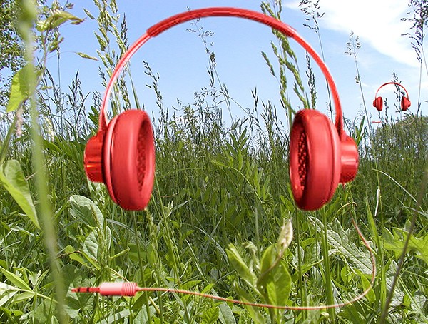 Bild mit roten Kopfhörern auf einer grünen Wiese.
