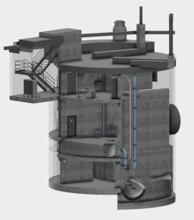 Modell des dreigeschossigen Drosselbauwerks von Hunziker Betatech AG