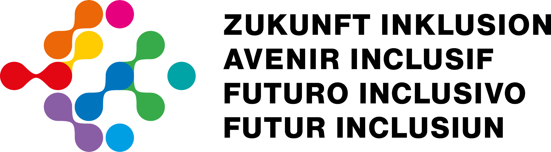 Buntes Zukunft Inklusion Logo in den vier Schweizer Landessprachen