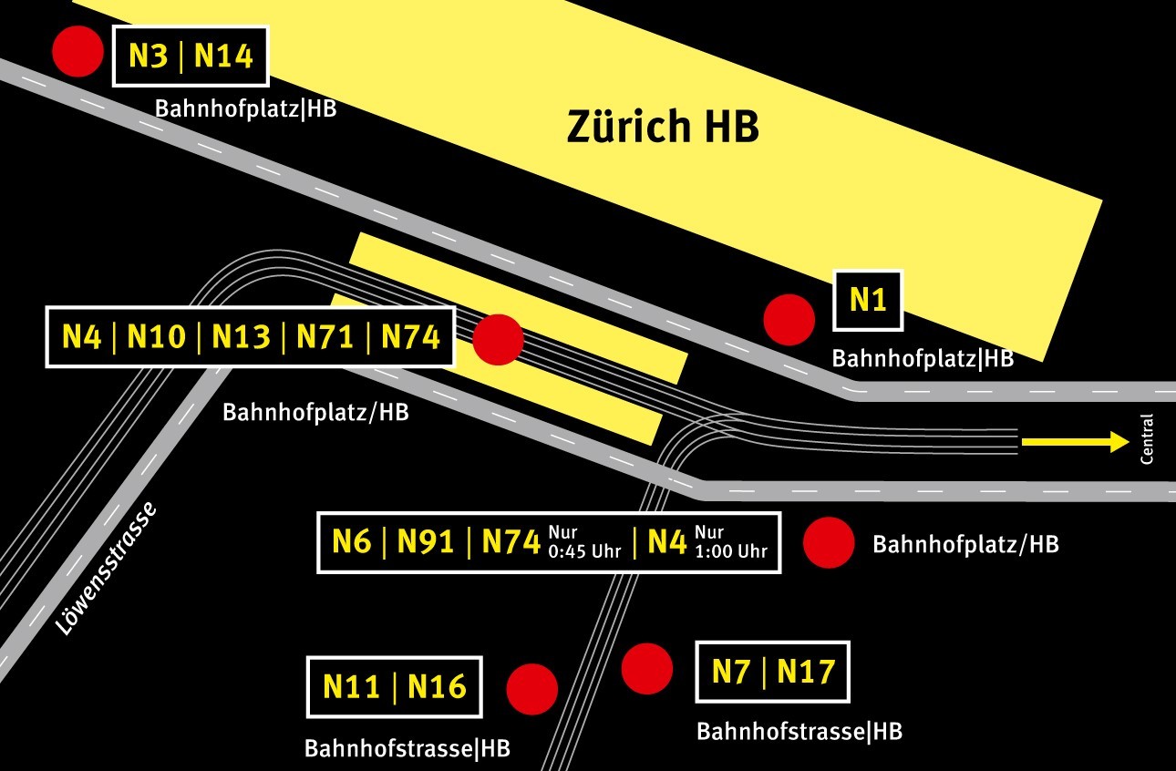 Haltestellen Nachtbus Zürich HB