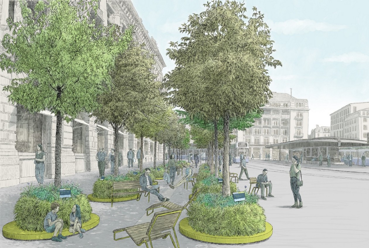 Paradeplatz mit Jungbäumen und Sitzgelegenheiten