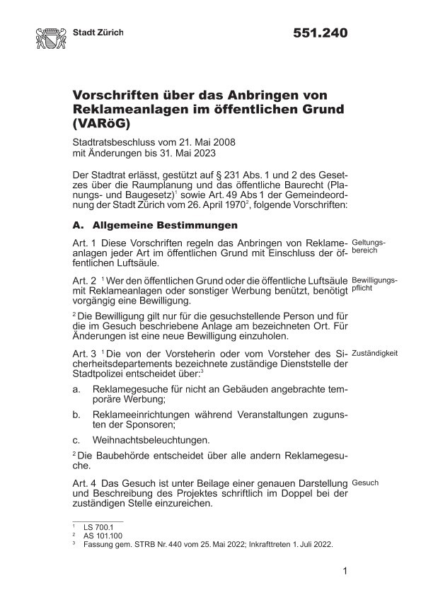 Vorschriften über das Anbringen von Reklameanlagen im öffentlichen Grund (VARöG)