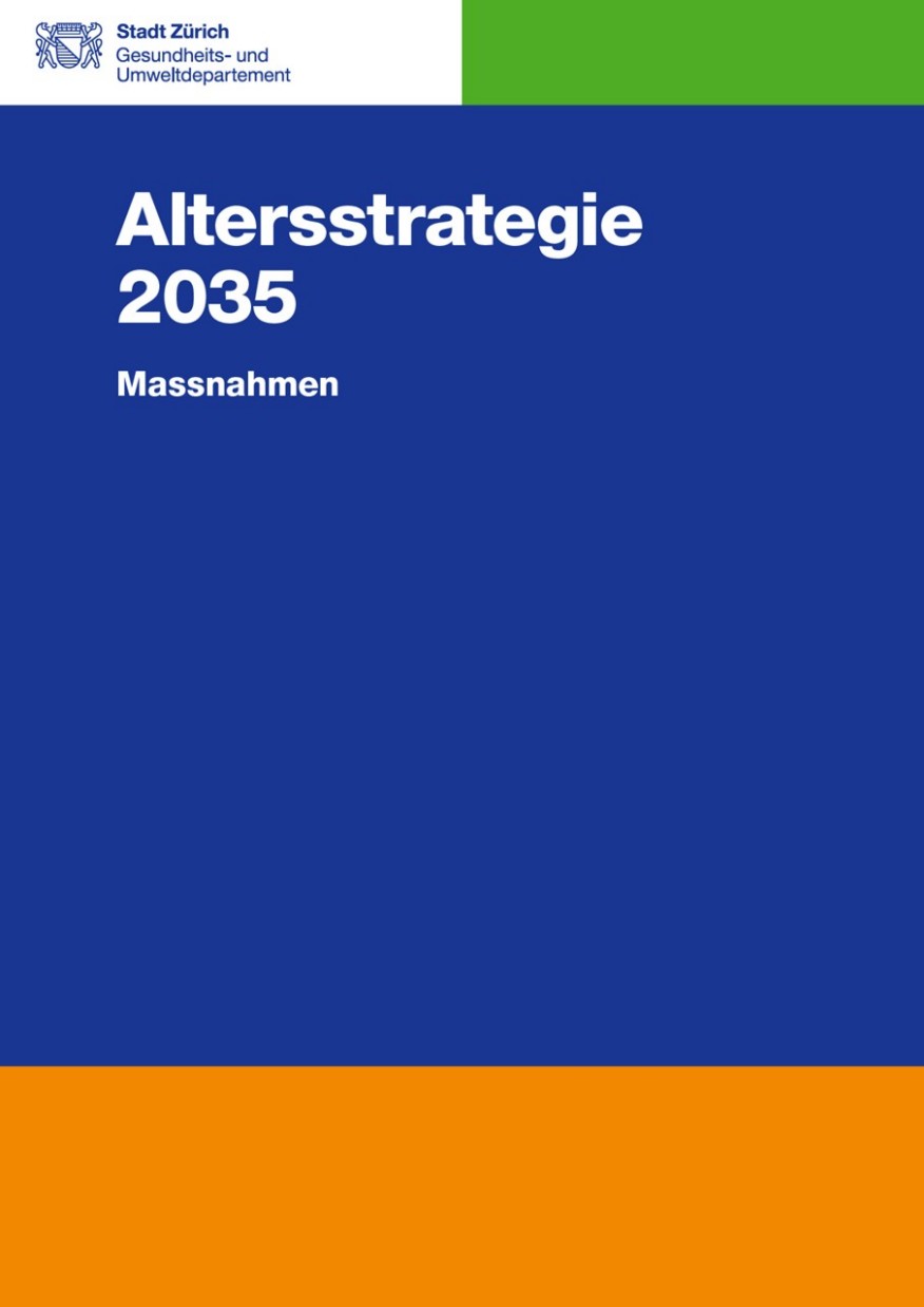 Altersstrategie Massnahmen Das Titelblatt zeigt den Titel der Publikation in weisser Schrift auf blauem Grund.