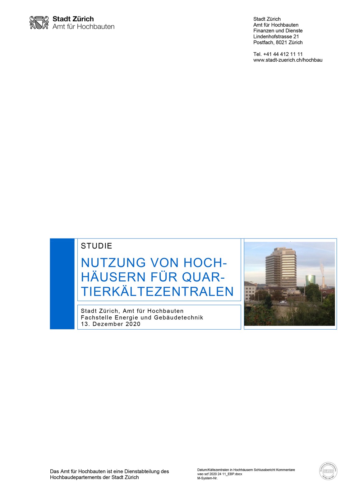Titelseite Studie Nutzung von Hochhäusern für Quartierkältezentralen