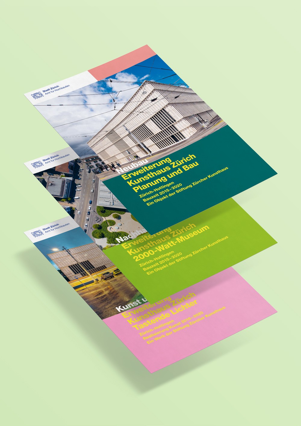 Titelseiten der drei Publikationen zur Erweiterung Kunsthaus Zürich mit Aussenaufnahmen.