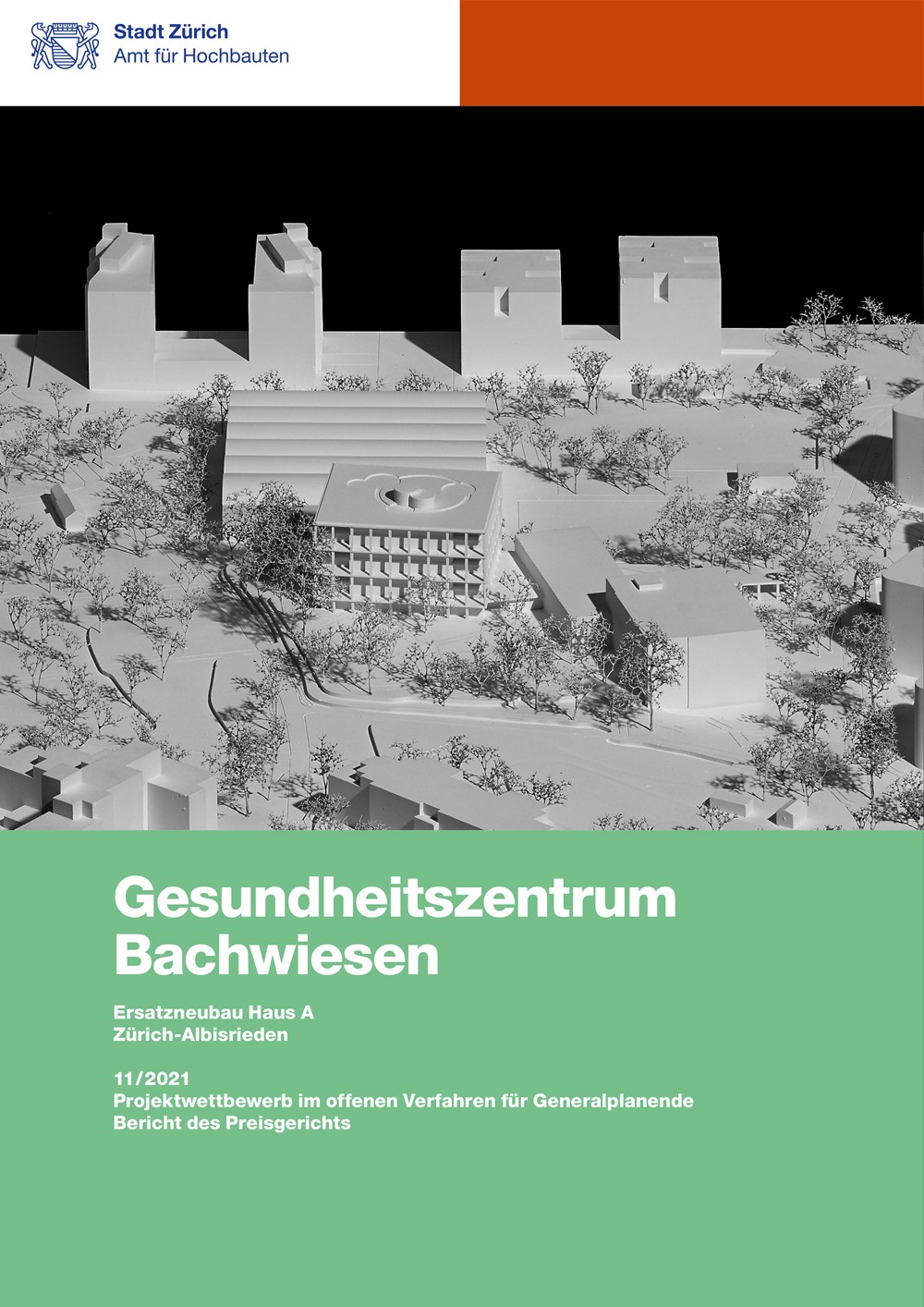 Titelseite Jurybericht Gesundheitszentrum Bachwiesen mit Modellfotografie.
