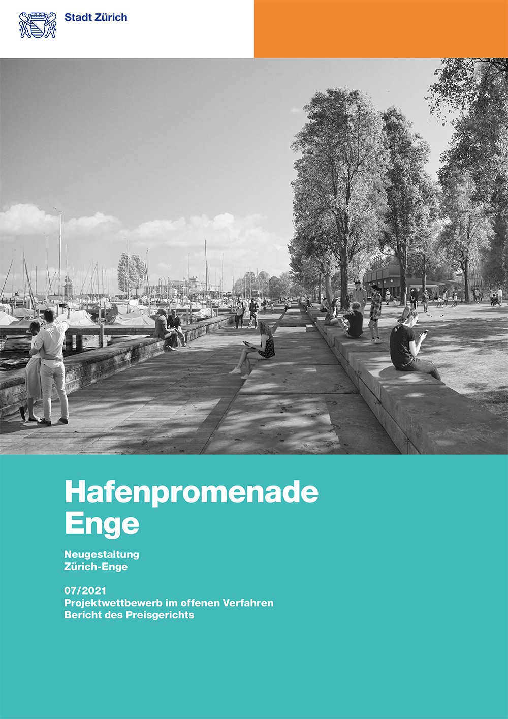 Titelseite Jurybericht Hafenpromenade Enge mit Modellfotografie.