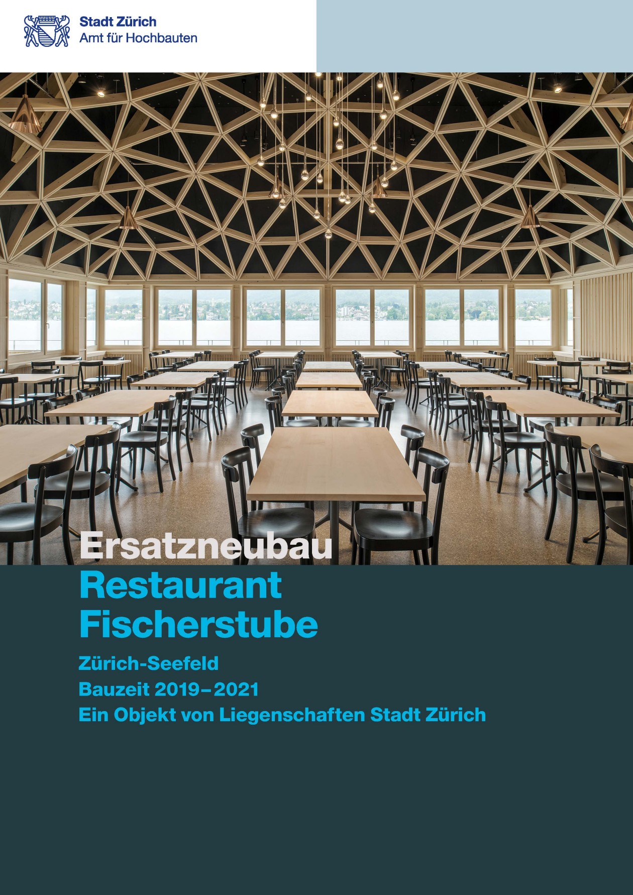 Titelseite Baudokumentation Ersatzneubau Restaurant Fischerstube mit Blick in den Gastraum.