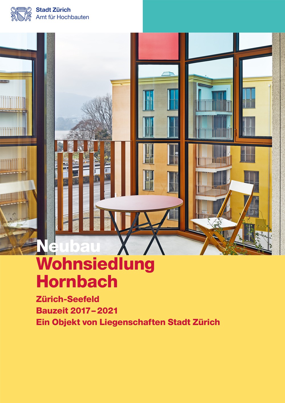 Titelseite Baudokumentation Neubau Wohnsiedlung Hornbach mit Aussenaufnahme.