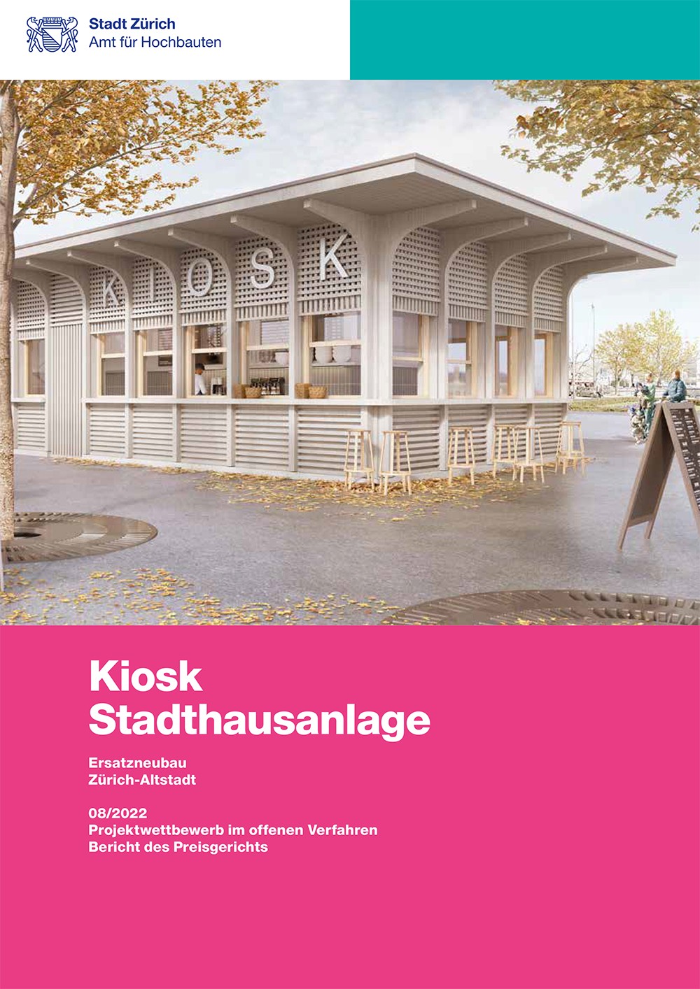 Titelseite Jurybericht Kiosk Stadthausanlage mit Visualisierung.