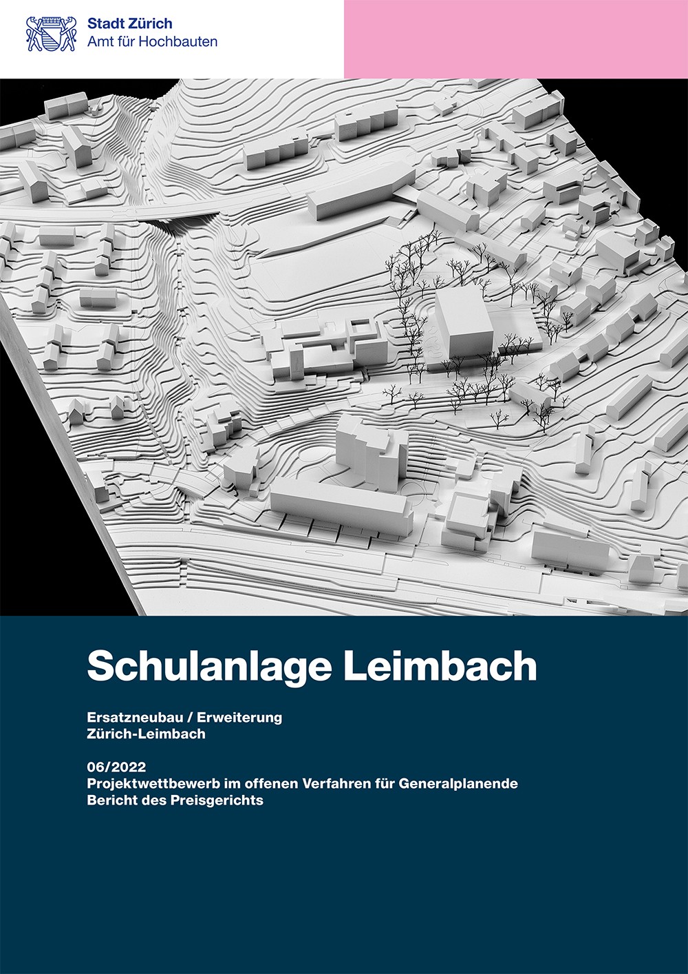 Titelseite Jurybericht Schulanlage Leimbach mit Modellfotografie.