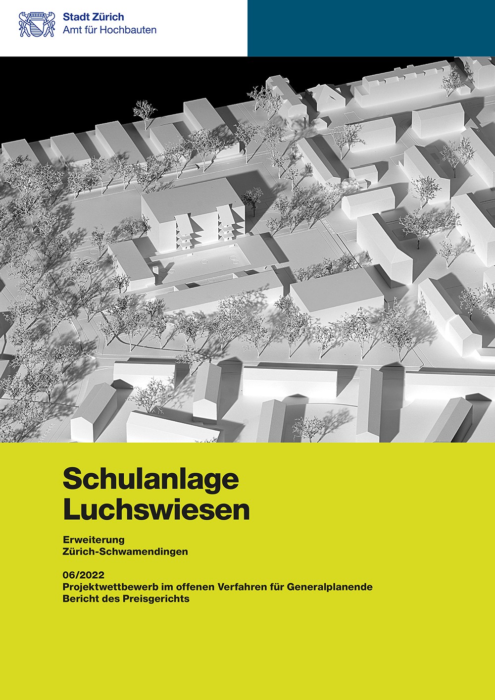 Titelseite Jurybericht Schulanlage Luchswiesen mit Modellfotografie.